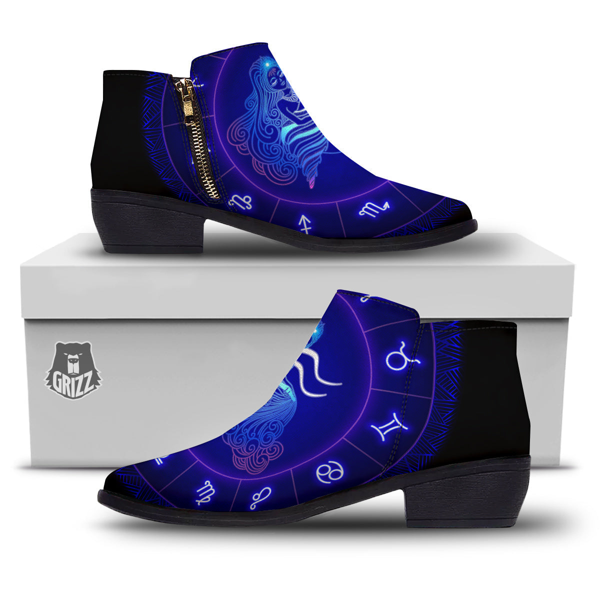 Zodiac Sign Dark Aquarius Print Ankle Boots-grizzshop