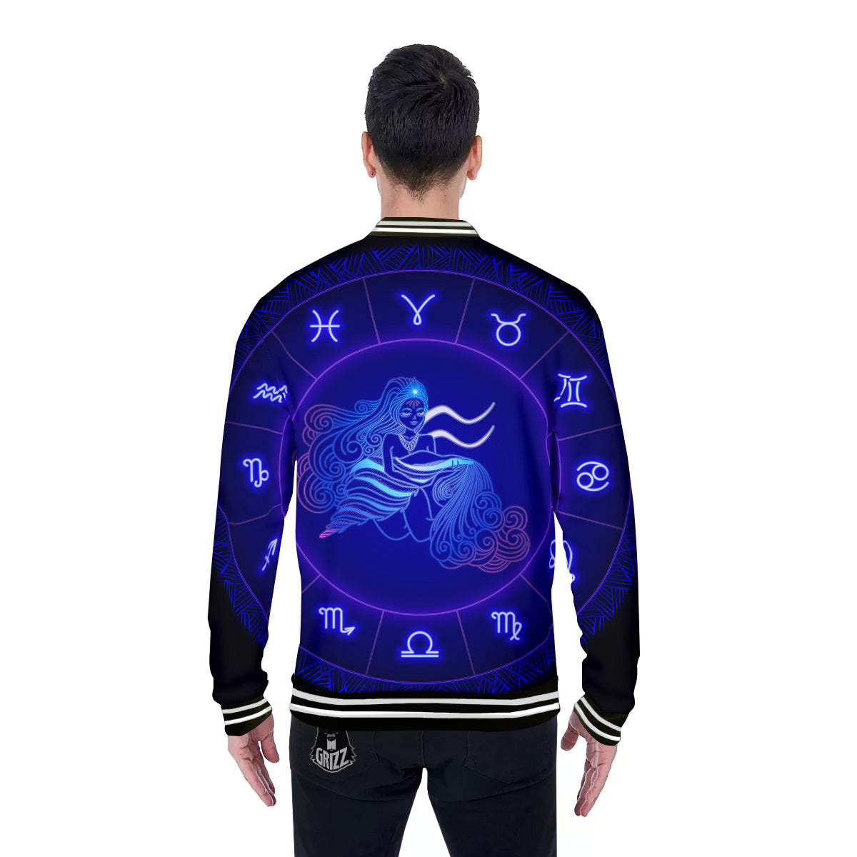 Zodiac Sign Dark Aquarius Print Baseball Jacket-grizzshop
