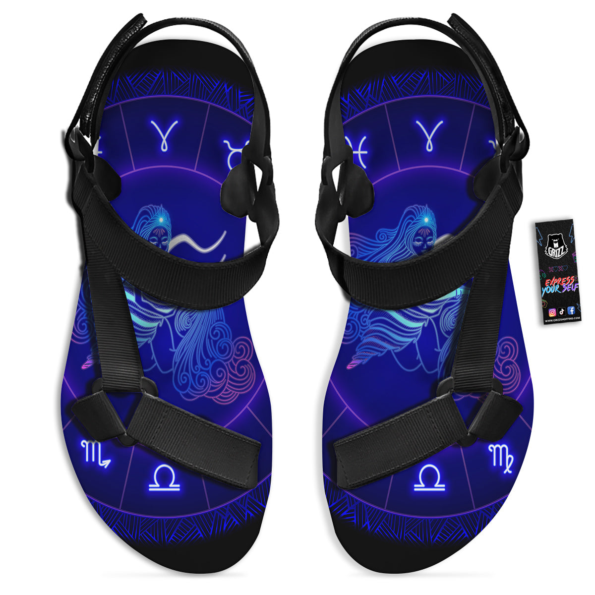 Zodiac Sign Dark Aquarius Print Black Open Toe Sandals-grizzshop