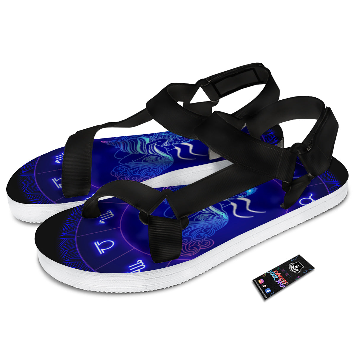 Zodiac Sign Dark Aquarius Print Black Open Toe Sandals-grizzshop