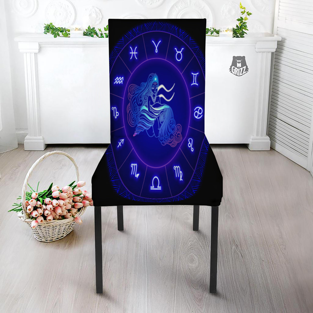 Zodiac Sign Dark Aquarius Print Dining Chair Slipcover-grizzshop