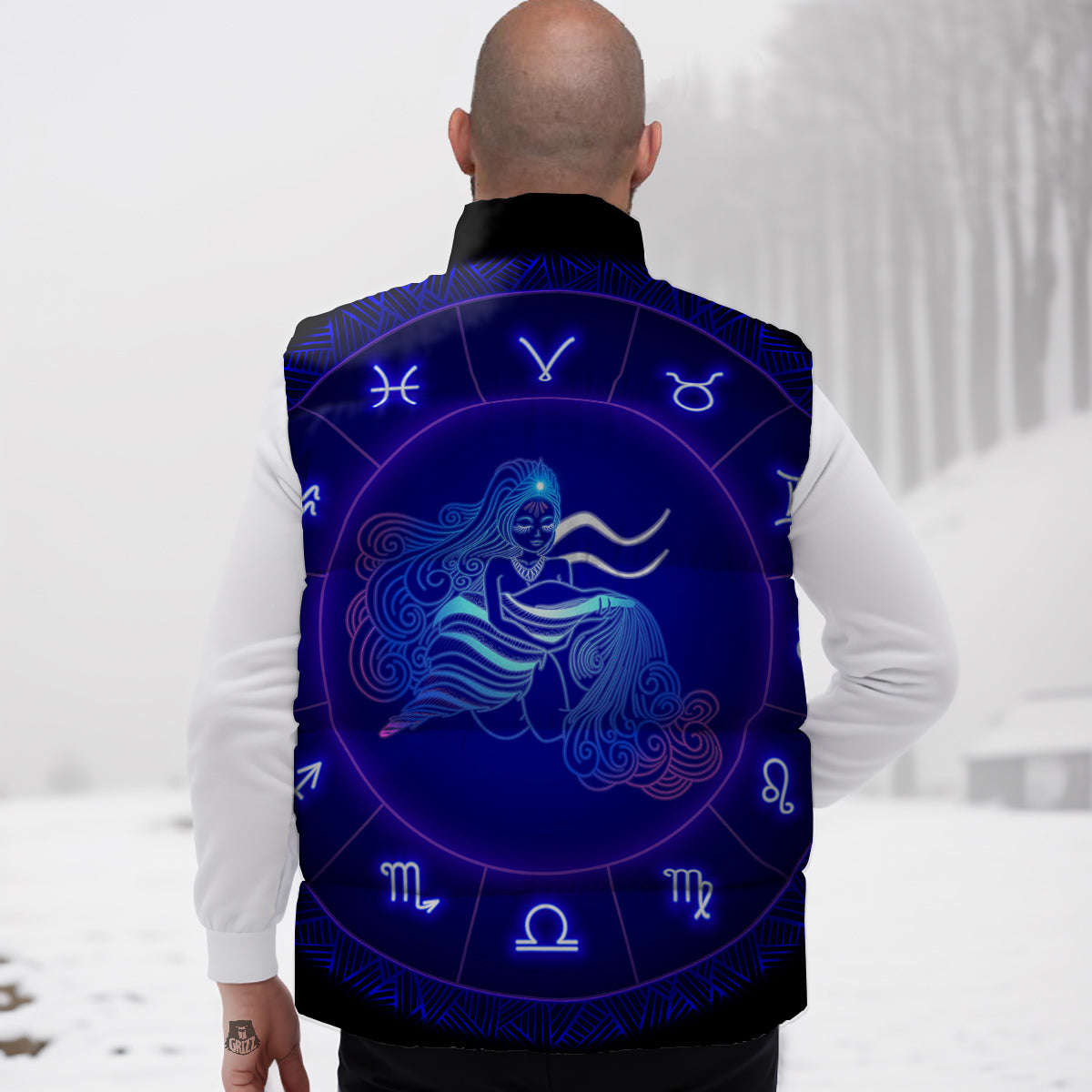 Zodiac Sign Dark Aquarius Print Down Vest