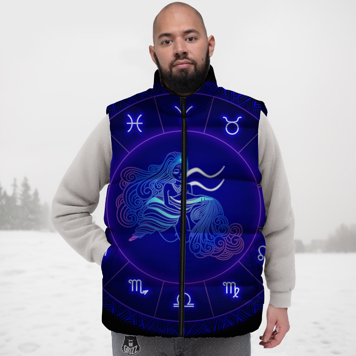 Zodiac Sign Dark Aquarius Print Down Vest