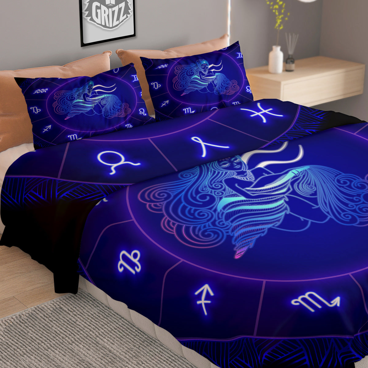 Zodiac Sign Dark Aquarius Print Duvet Cover Bedding Set