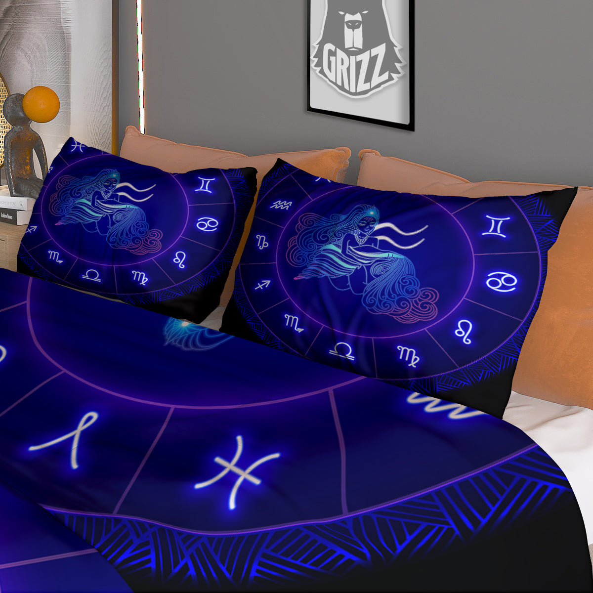 Zodiac Sign Dark Aquarius Print Duvet Cover Bedding Set