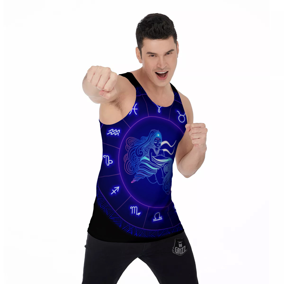 Zodiac Sign Dark Aquarius Print Men's Tank Top-grizzshop