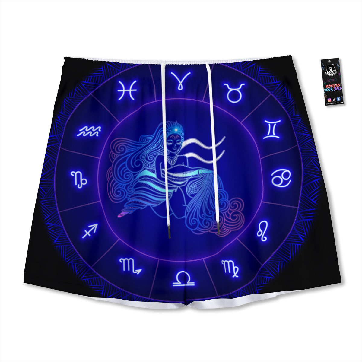 Zodiac Sign Dark Aquarius Print Mesh Shorts