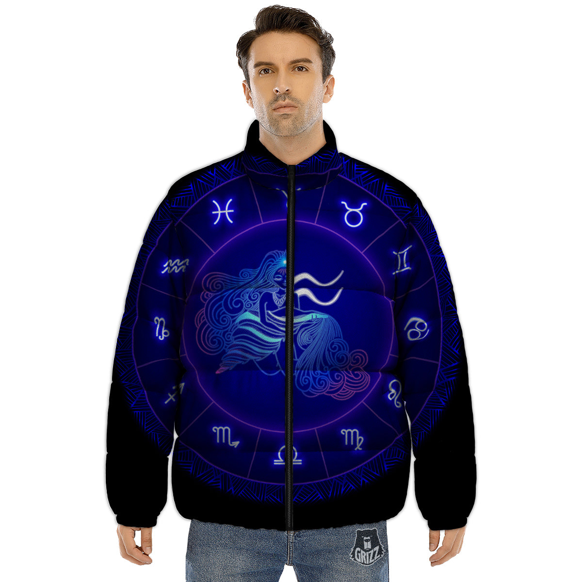Zodiac Sign Dark Aquarius Print Puffer Jacket-grizzshop