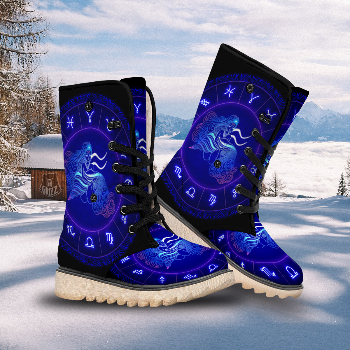 Zodiac Sign Dark Aquarius Print Snow Boots-grizzshop
