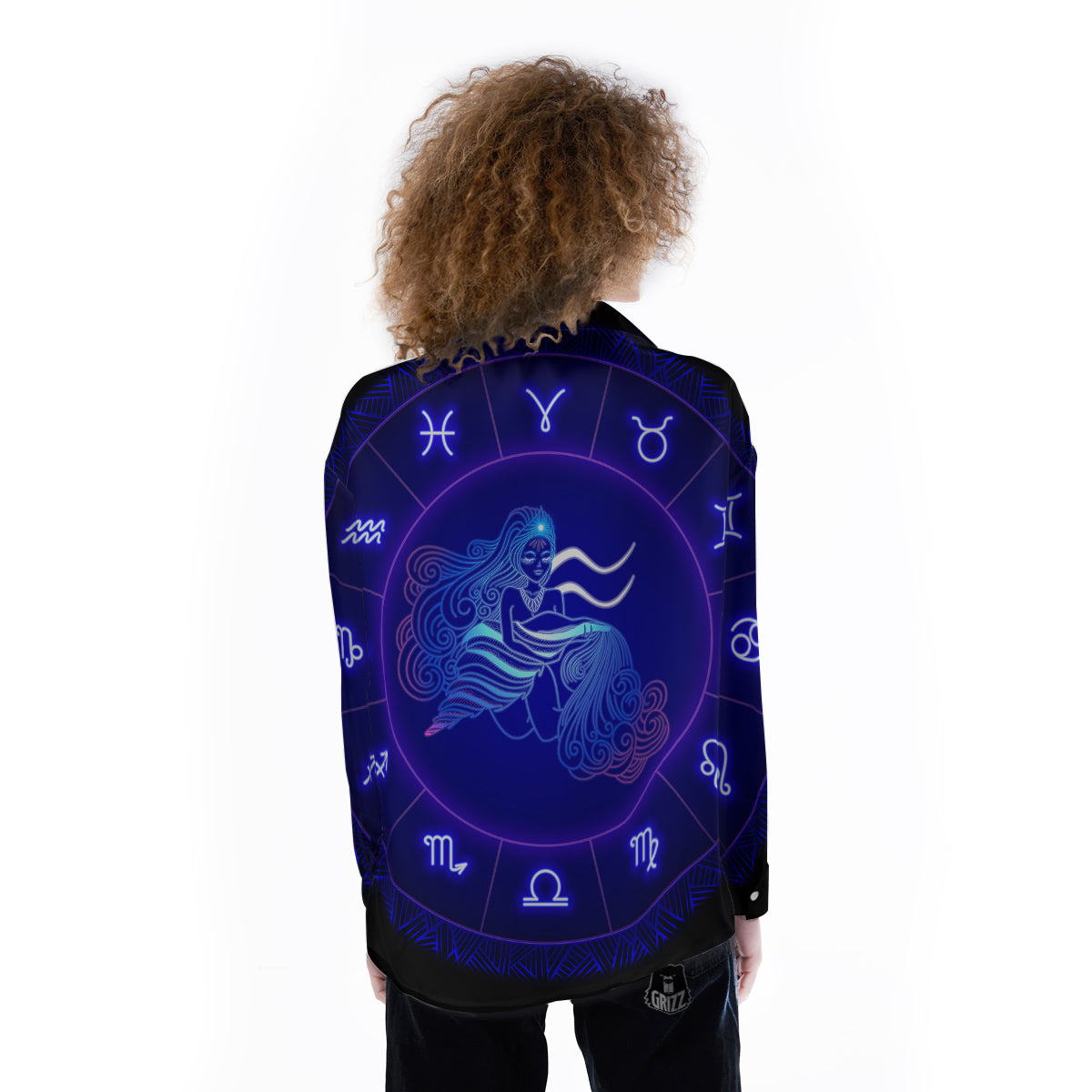 Zodiac Sign Dark Aquarius Print Women's Long Sleeve Shirts-grizzshop