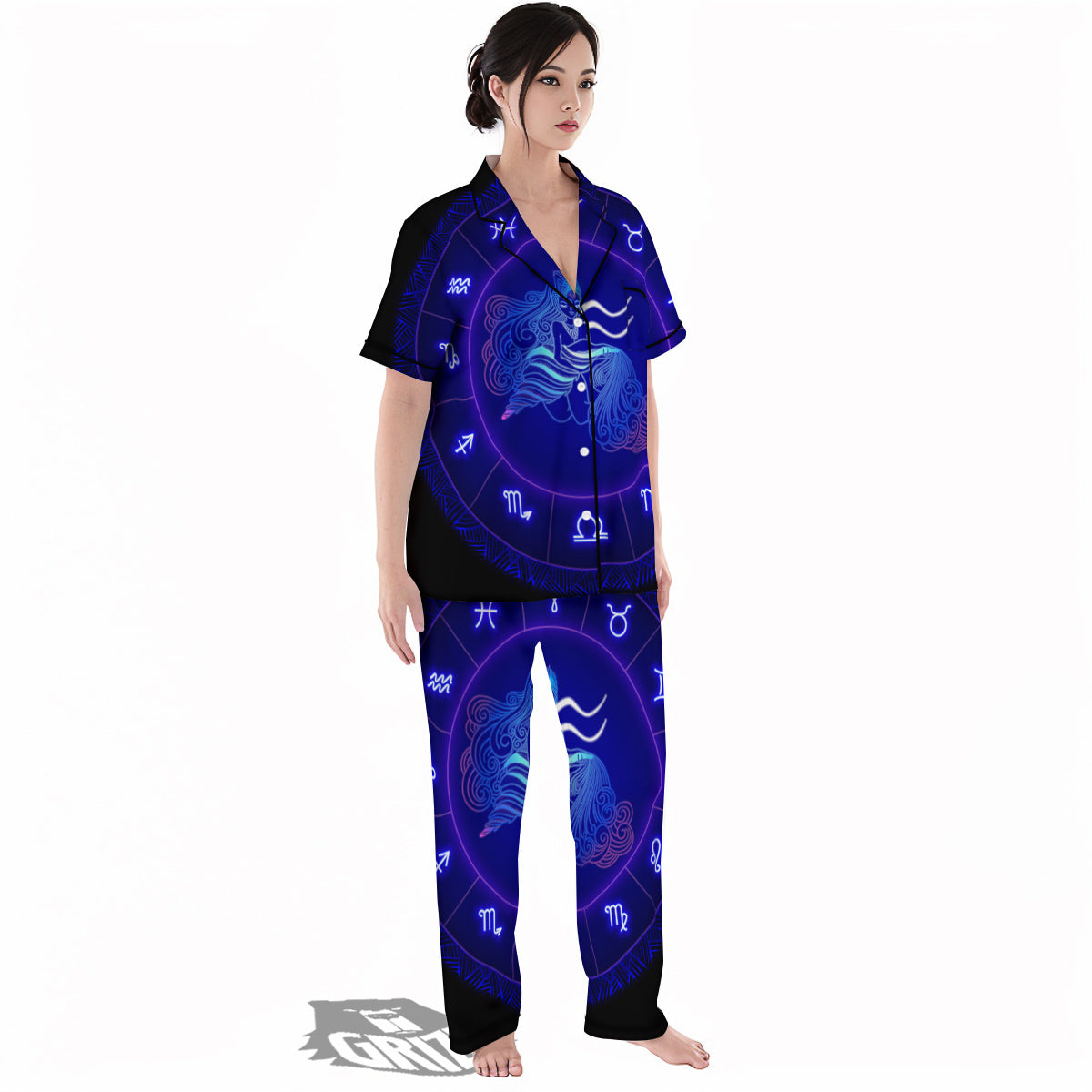 Zodiac Sign Dark Aquarius Print Women's Pajamas Set-grizzshop
