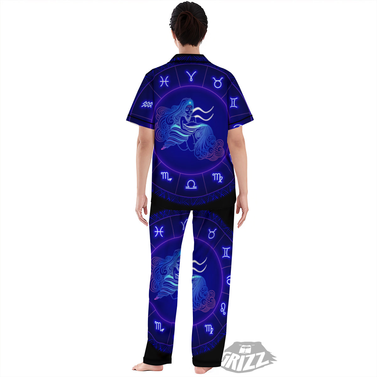 Zodiac Sign Dark Aquarius Print Women's Pajamas Set-grizzshop