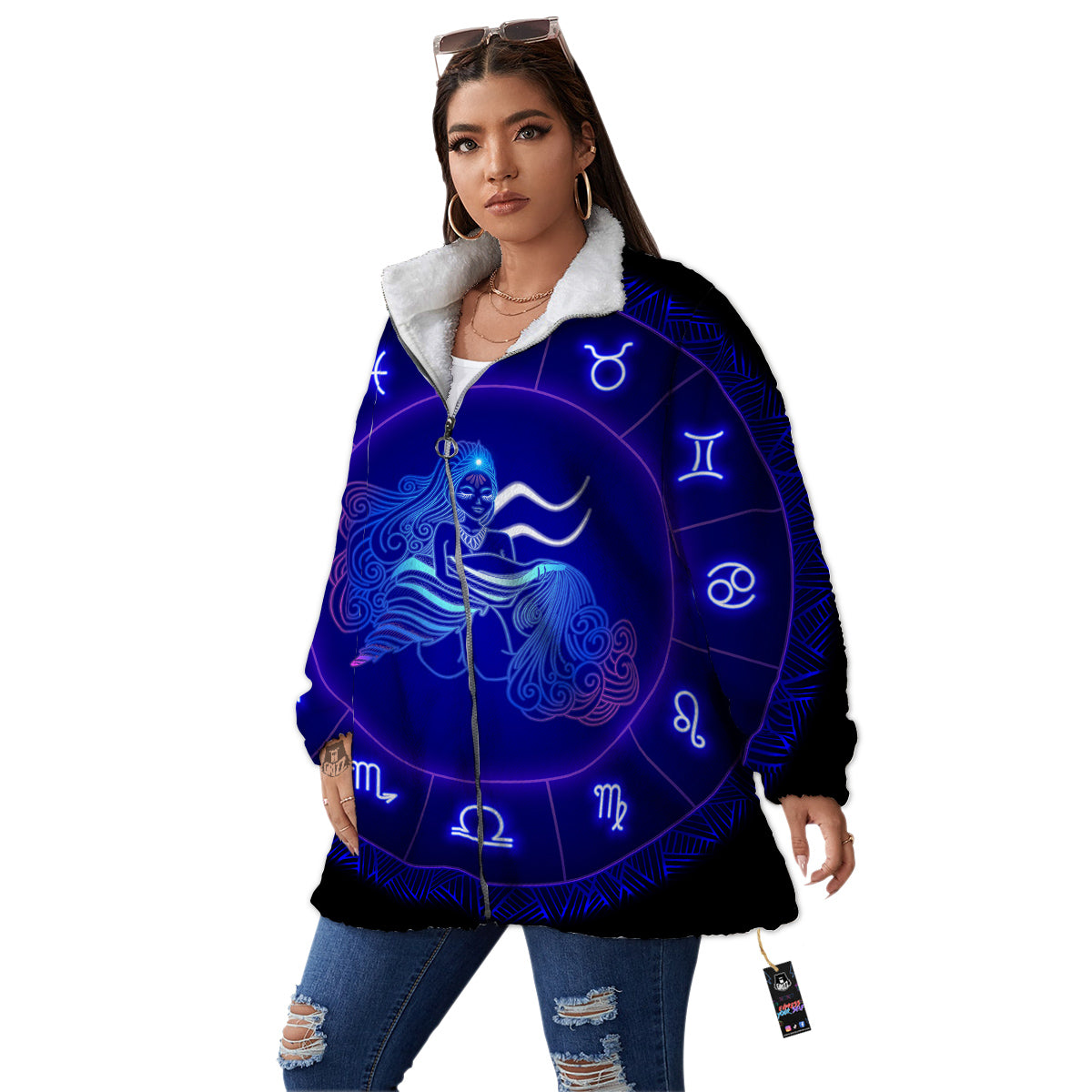 Zodiac Sign Dark Aquarius Print Women's Sherpa Jacket-grizzshop