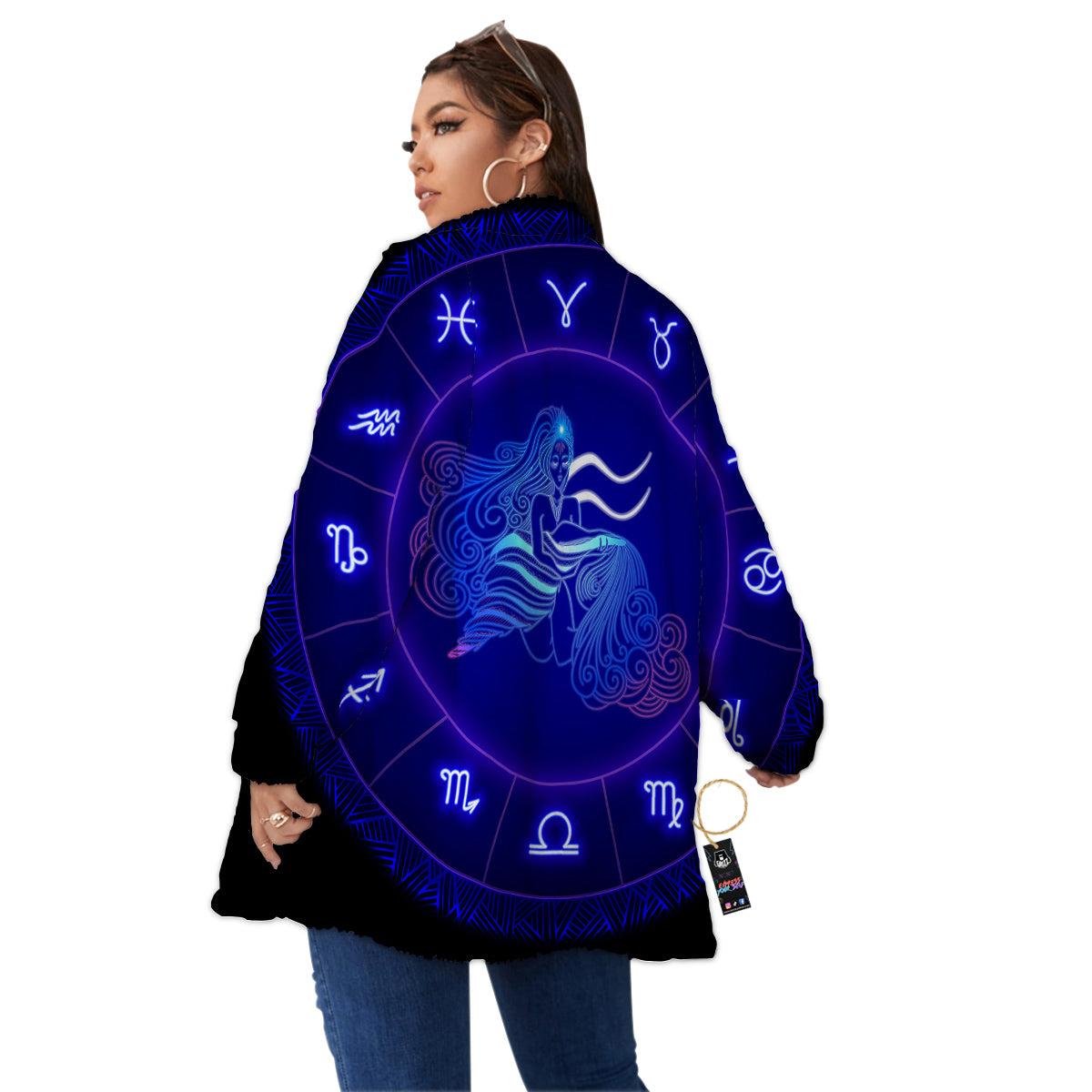 Zodiac Sign Dark Aquarius Print Women's Sherpa Jacket-grizzshop