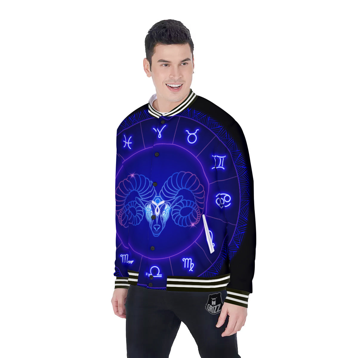 Zodiac Sign Dark Aries Print Baseball Jacket-grizzshop