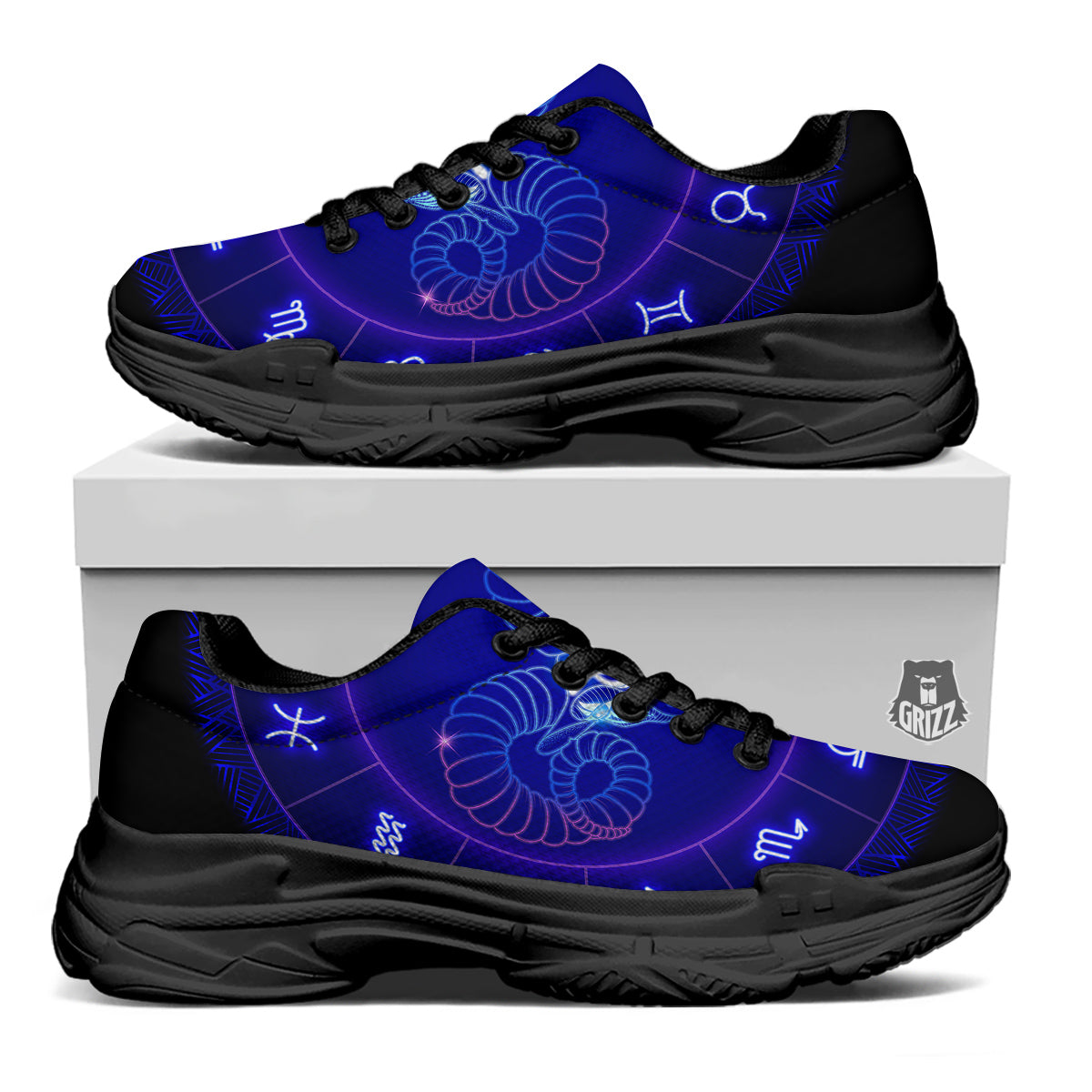 Zodiac Sign Dark Aries Print Black Chunky Shoes-grizzshop
