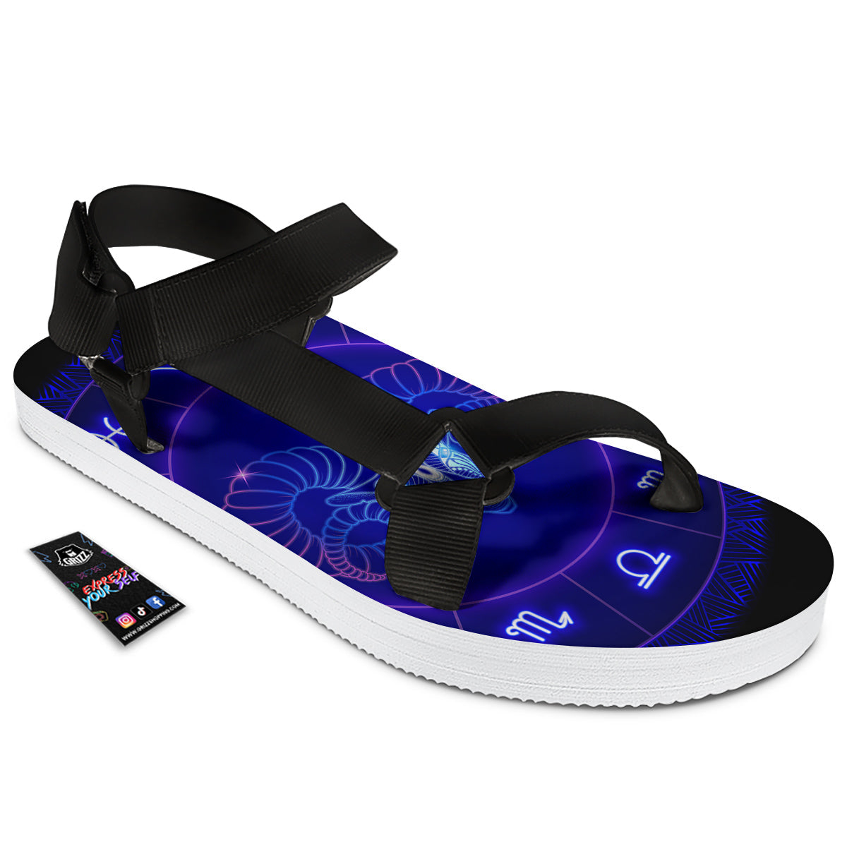 Zodiac Sign Dark Aries Print Black Open Toe Sandals-grizzshop