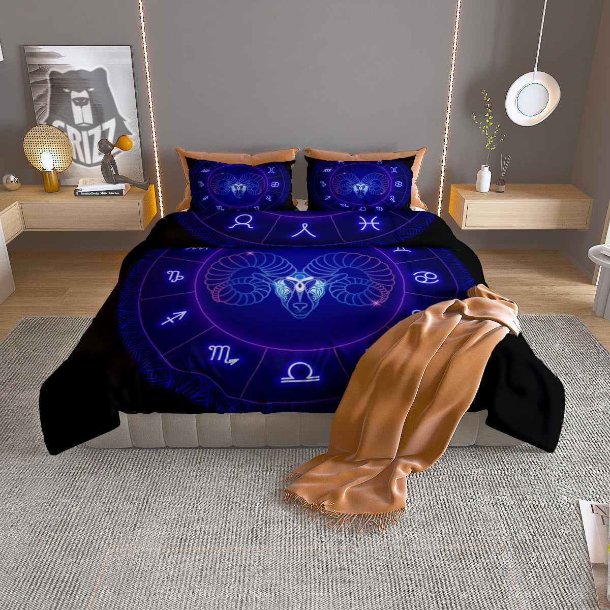 Zodiac Sign Dark Aries Print Duvet Cover Bedding Set