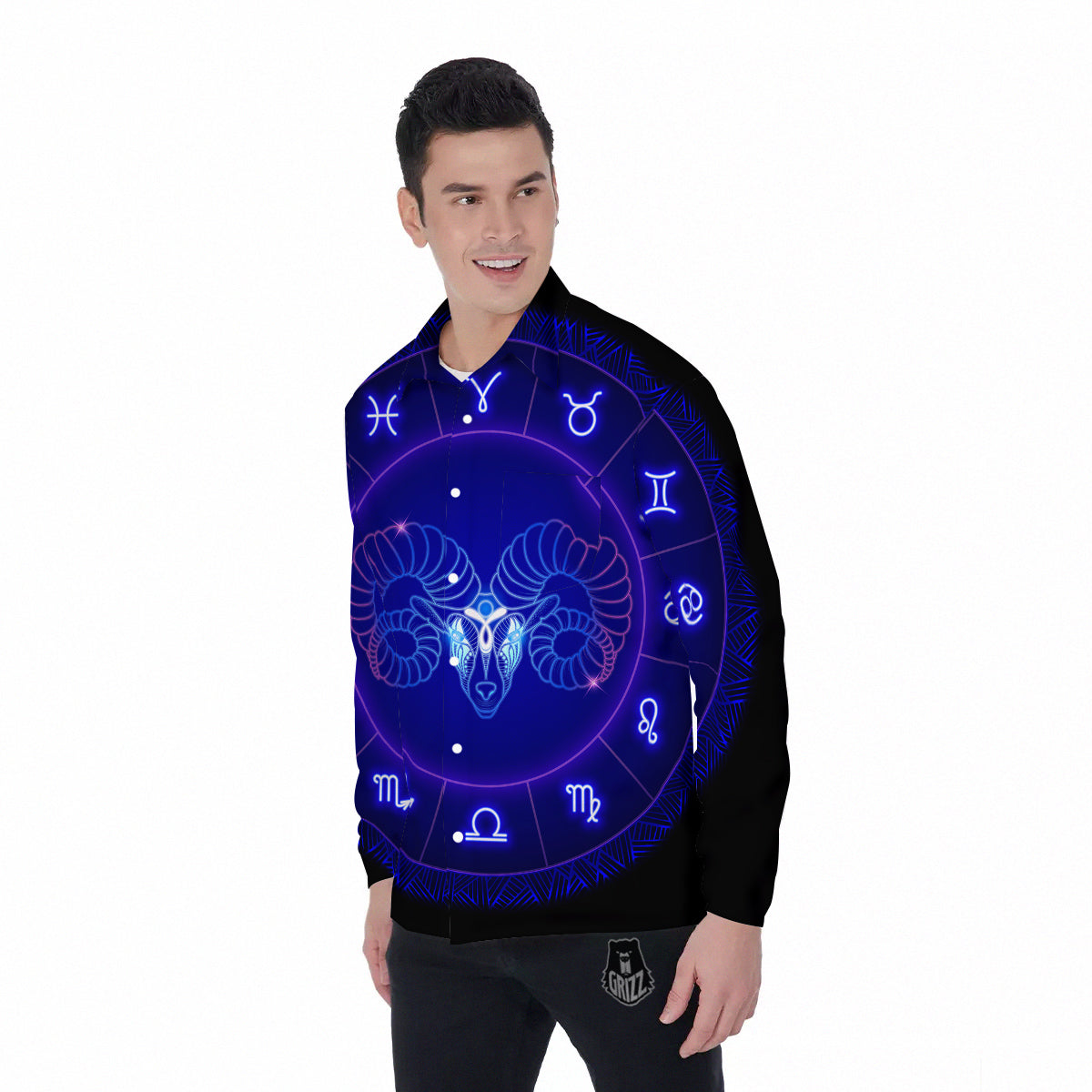 Zodiac Sign Dark Aries Print Men's Long Sleeve Shirts-grizzshop