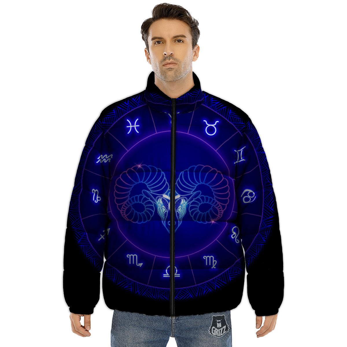 Zodiac Sign Dark Aries Print Puffer Jacket-grizzshop