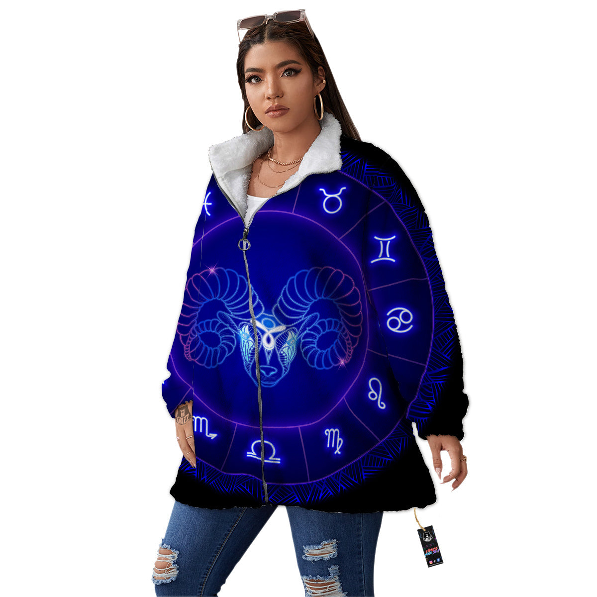 Zodiac Sign Dark Aries Print Women's Sherpa Jacket-grizzshop