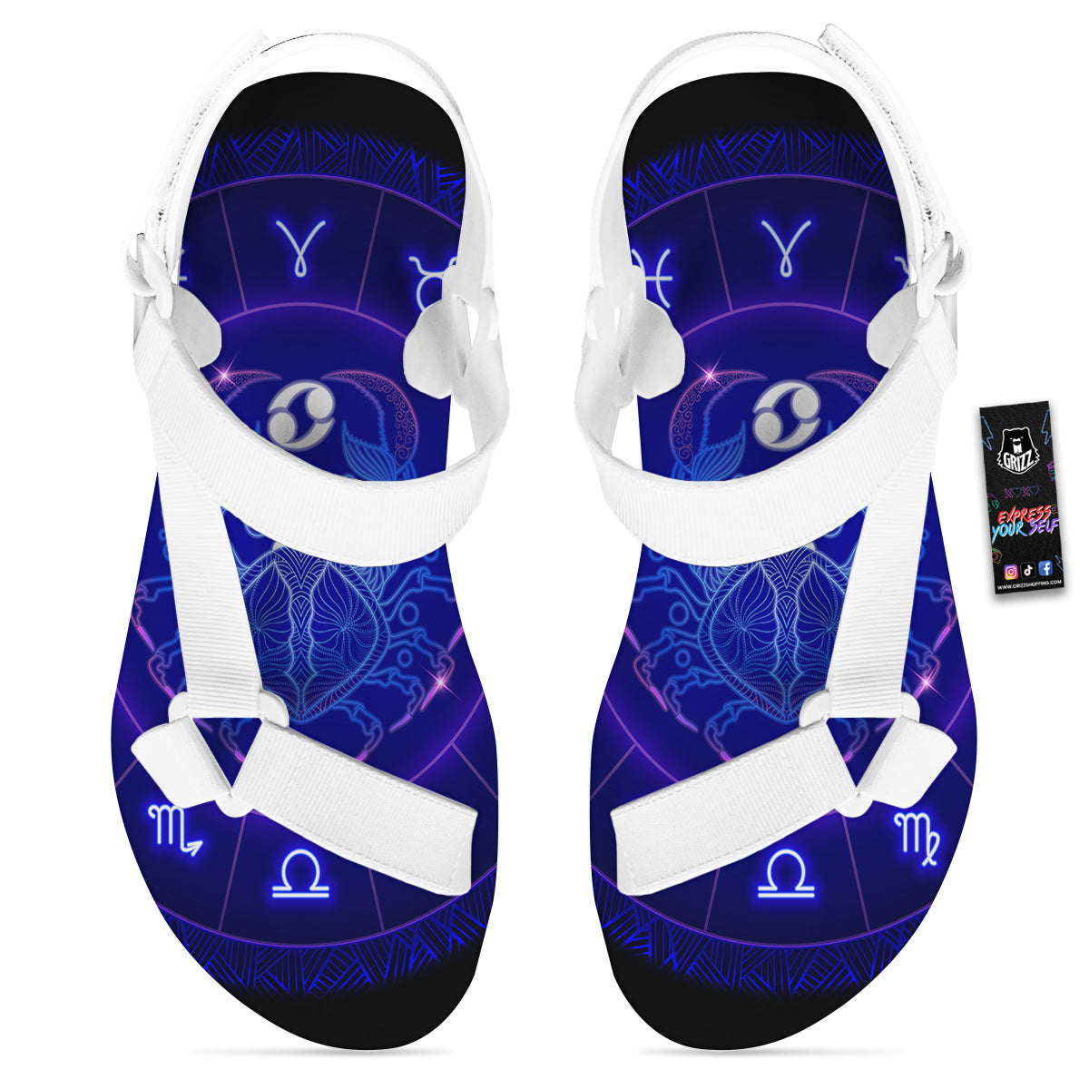 Zodiac Sign Dark Cancer Print White Open Toe Sandals-grizzshop