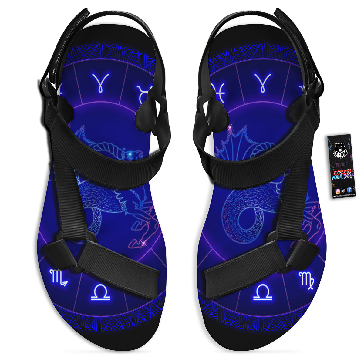 Zodiac Sign Dark Capricorn Print Black Open Toe Sandals-grizzshop
