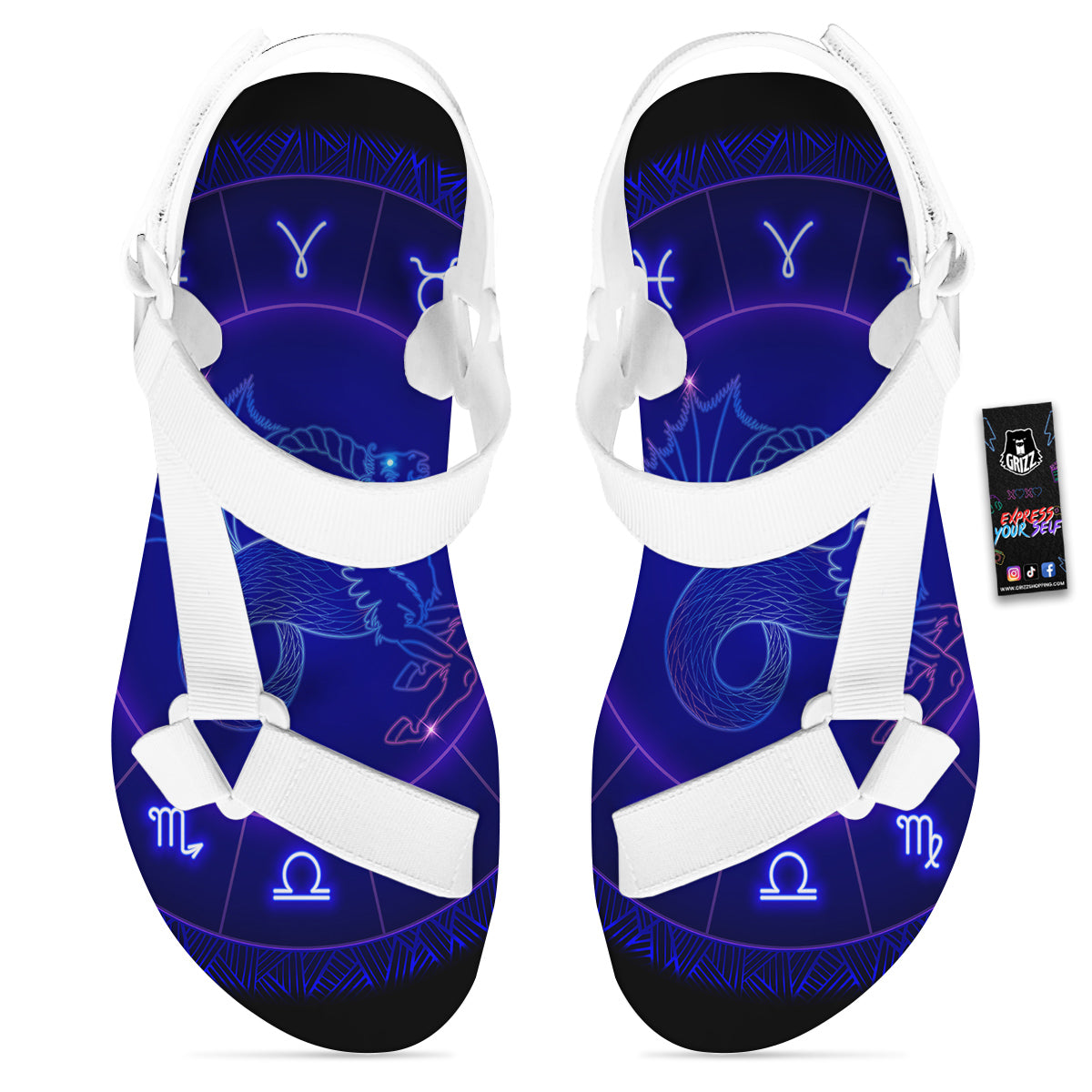 Zodiac Sign Dark Capricorn Print White Open Toe Sandals-grizzshop
