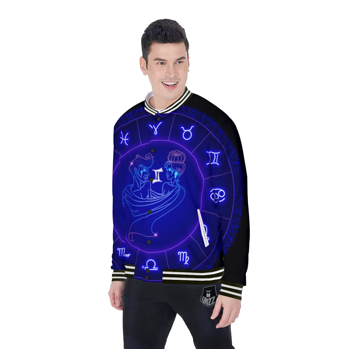 Zodiac Sign Dark Gemini Print Baseball Jacket-grizzshop