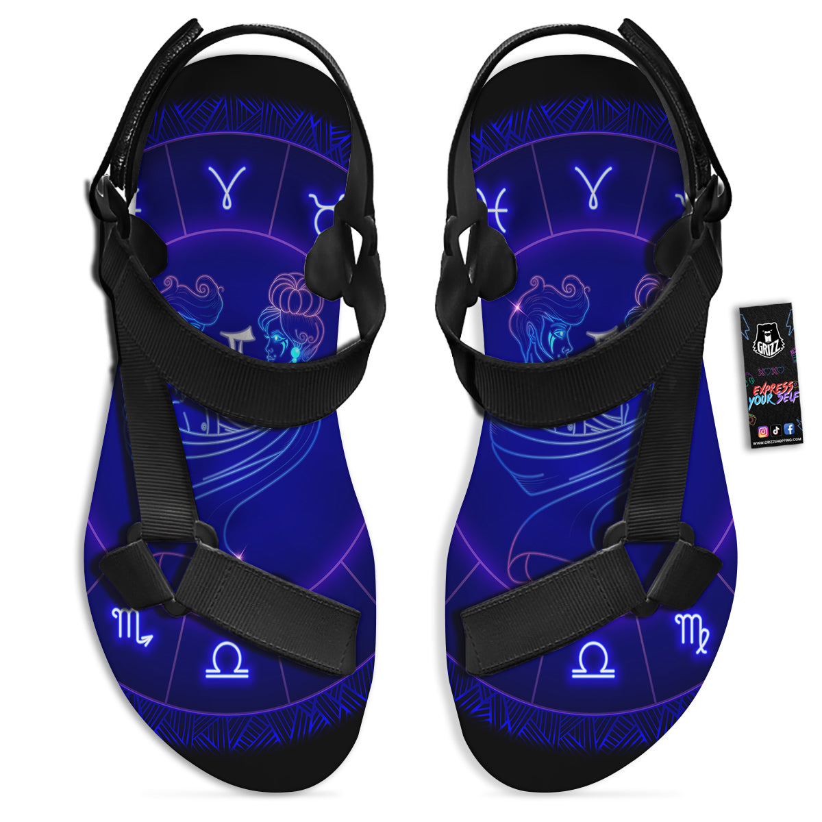 Zodiac Sign Dark Gemini Print Black Open Toe Sandals-grizzshop