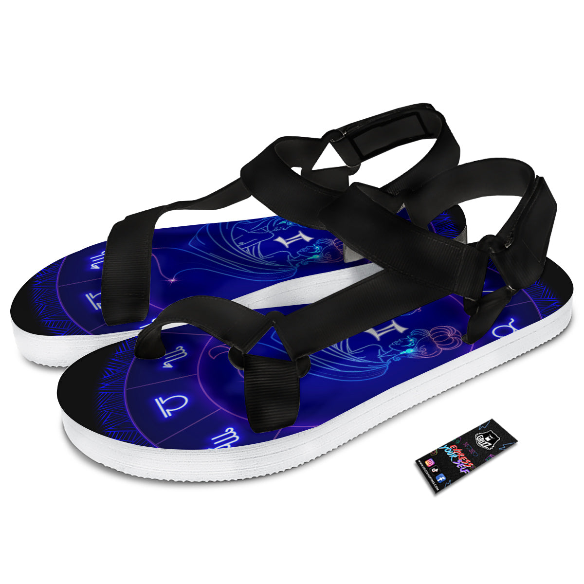 Zodiac Sign Dark Gemini Print Black Open Toe Sandals-grizzshop
