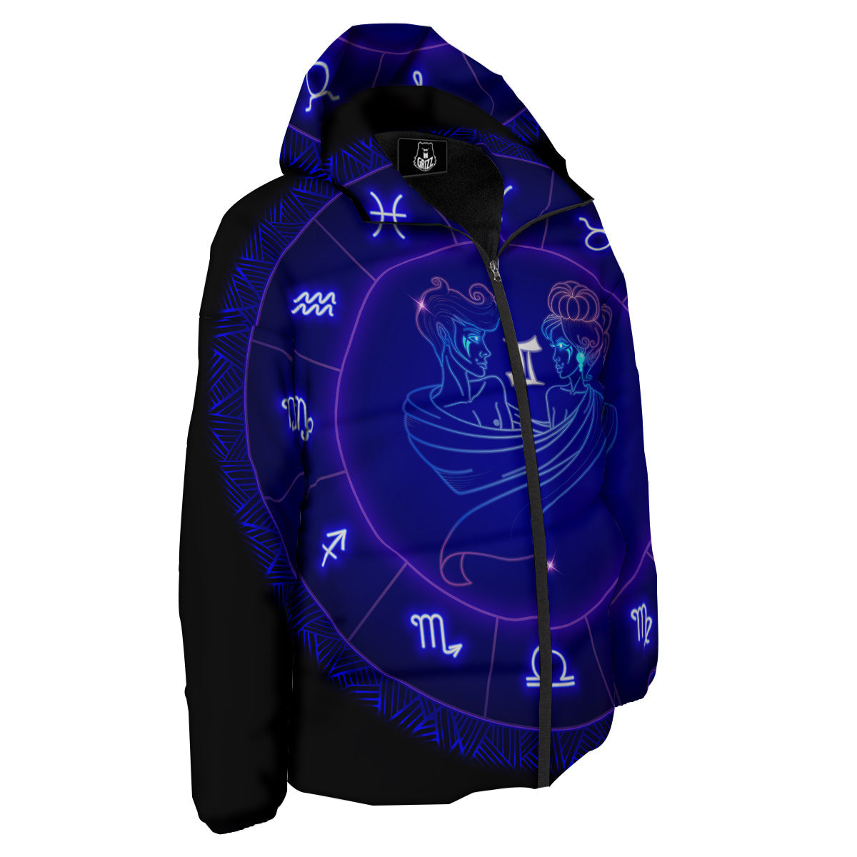 Zodiac Sign Dark Gemini Print Down Jacket-grizzshop