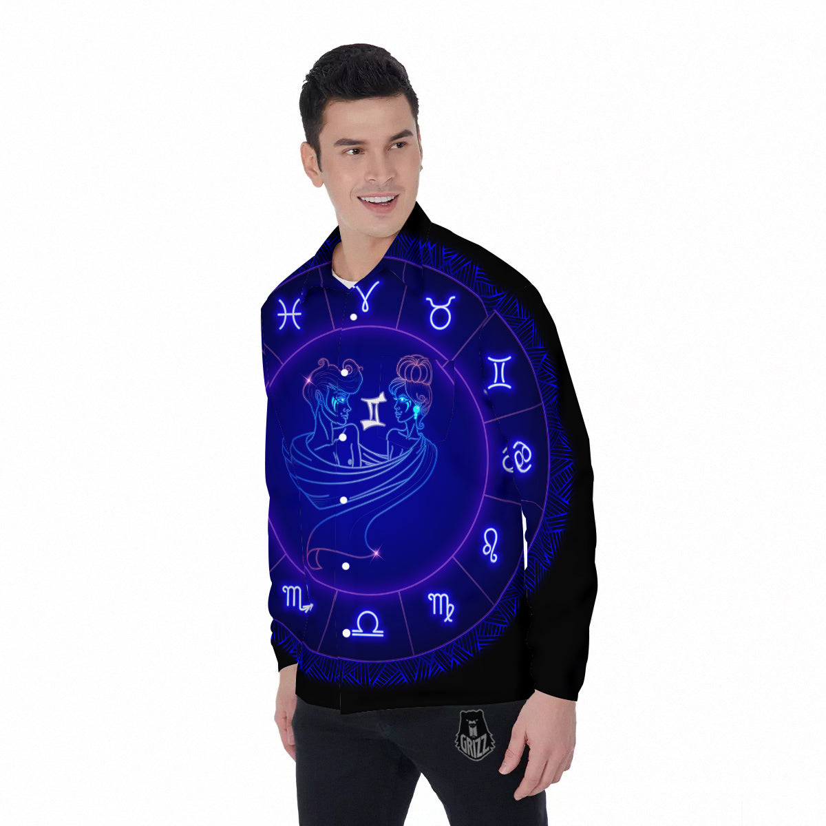 Zodiac Sign Dark Gemini Print Men's Long Sleeve Shirts-grizzshop