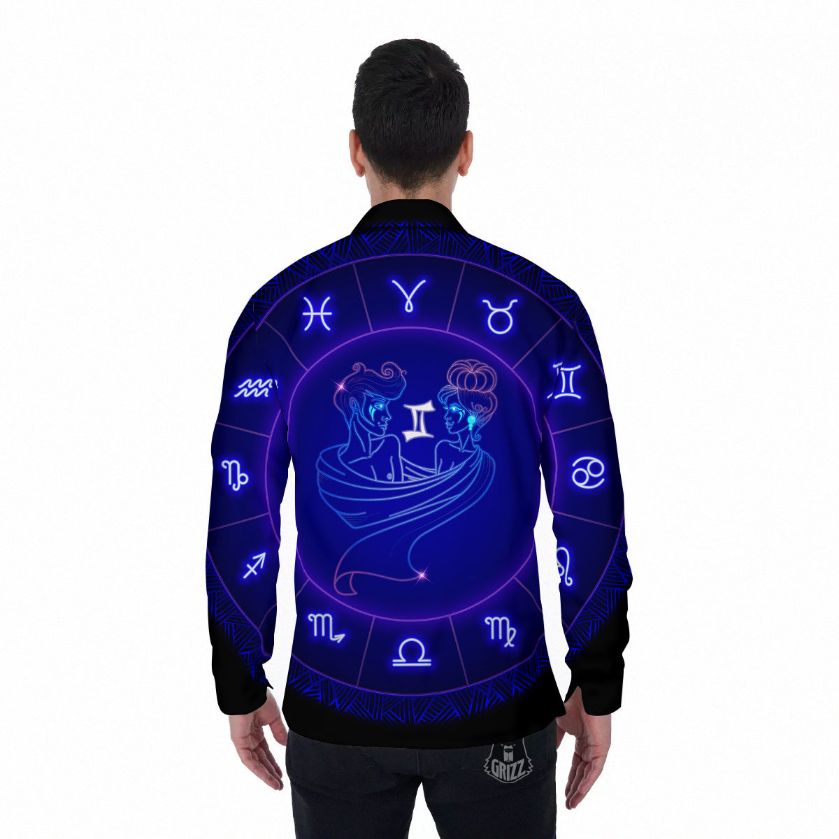 Zodiac Sign Dark Gemini Print Men's Long Sleeve Shirts-grizzshop