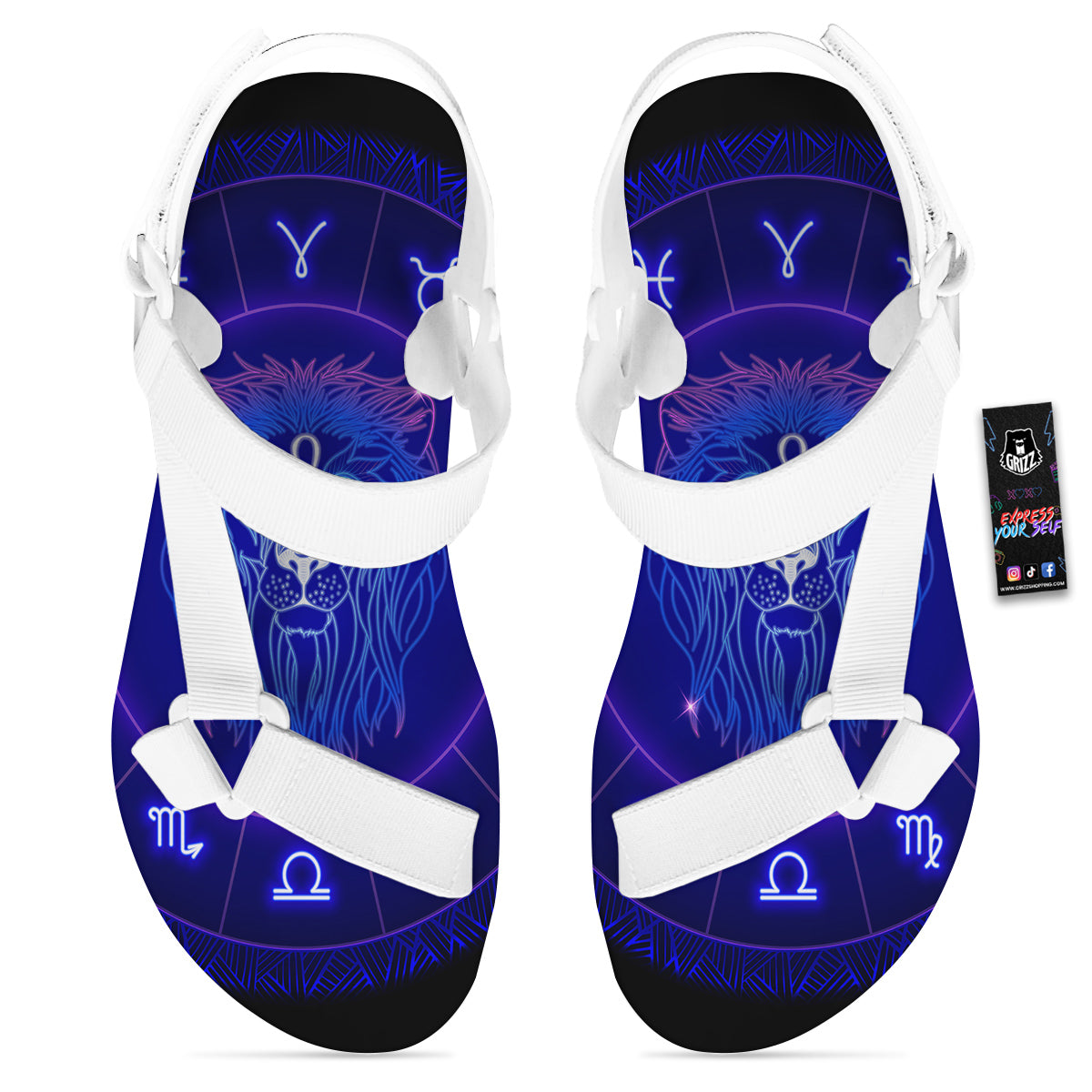 Zodiac Sign Dark Leo Print White Open Toe Sandals-grizzshop