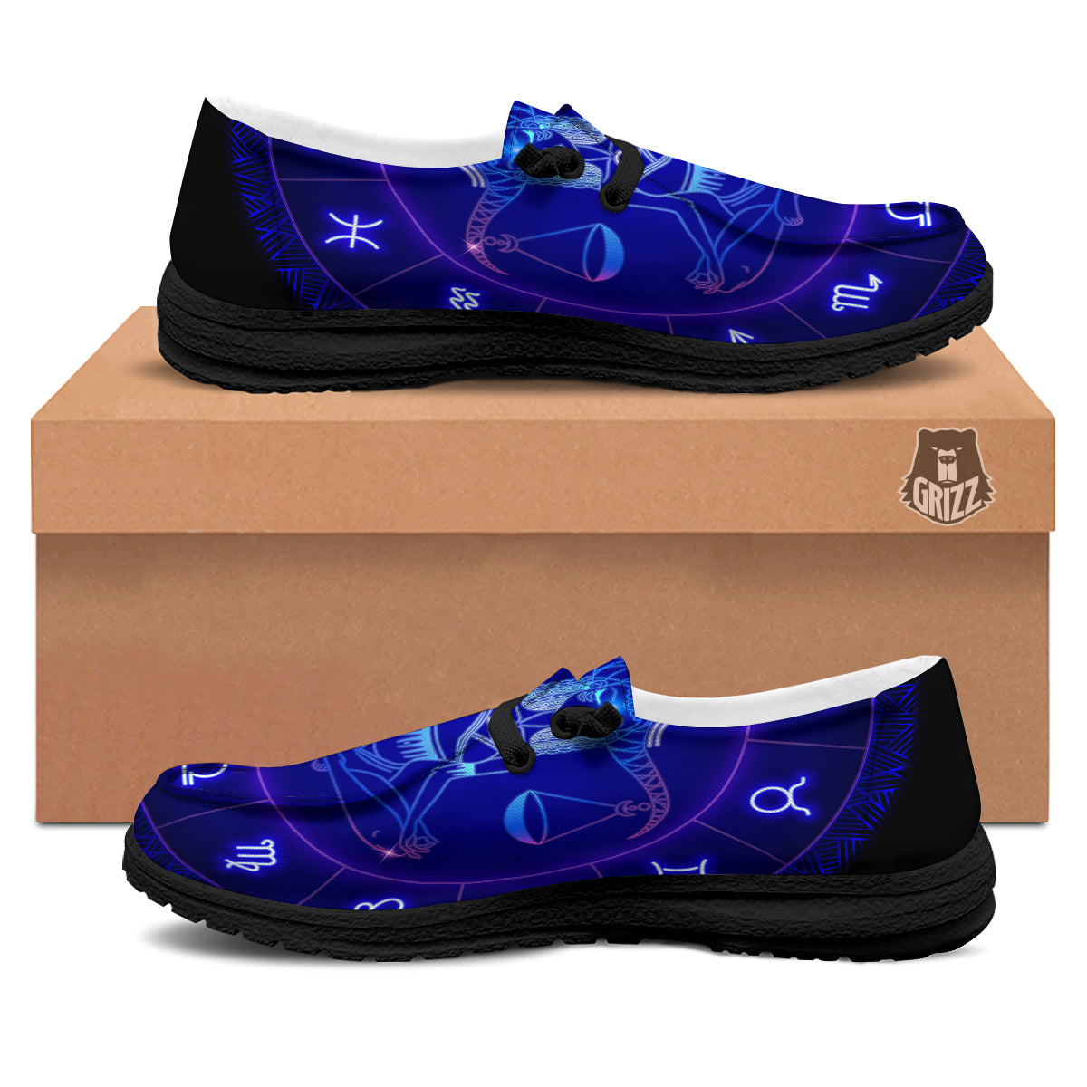Zodiac Sign Dark Libra Print Black Loafers-grizzshop