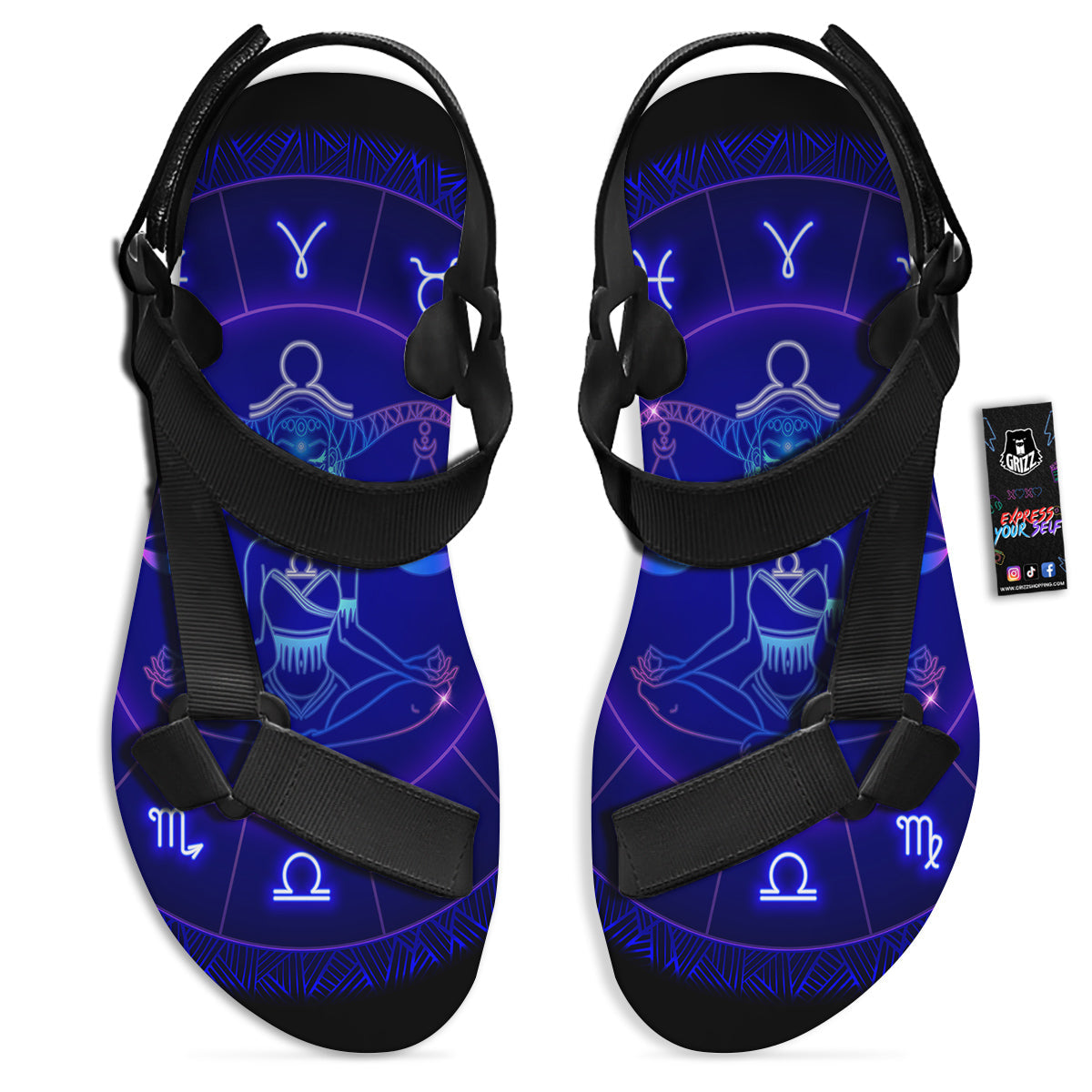Zodiac Sign Dark Libra Print Black Open Toe Sandals-grizzshop