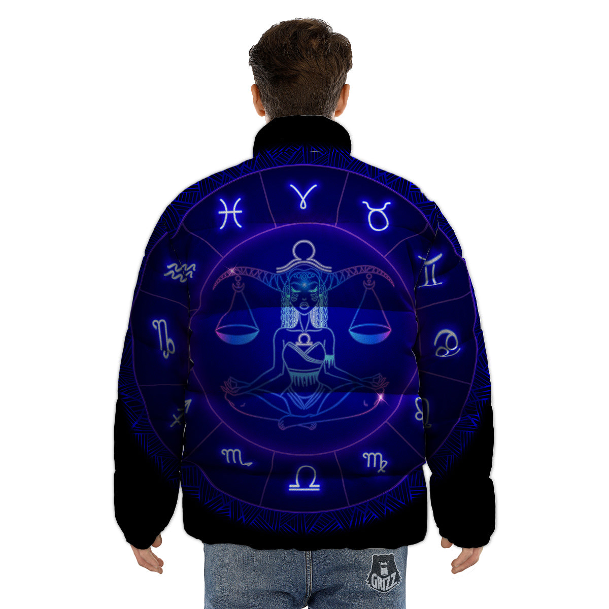 Zodiac Sign Dark Libra Print Puffer Jacket-grizzshop