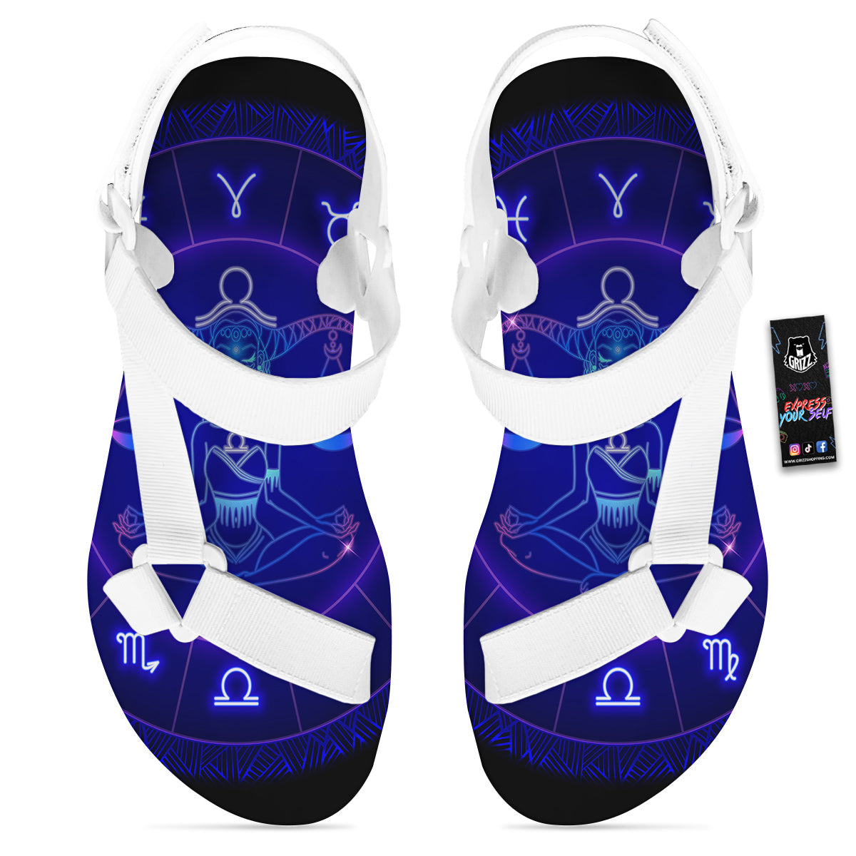 Zodiac Sign Dark Libra Print White Open Toe Sandals-grizzshop