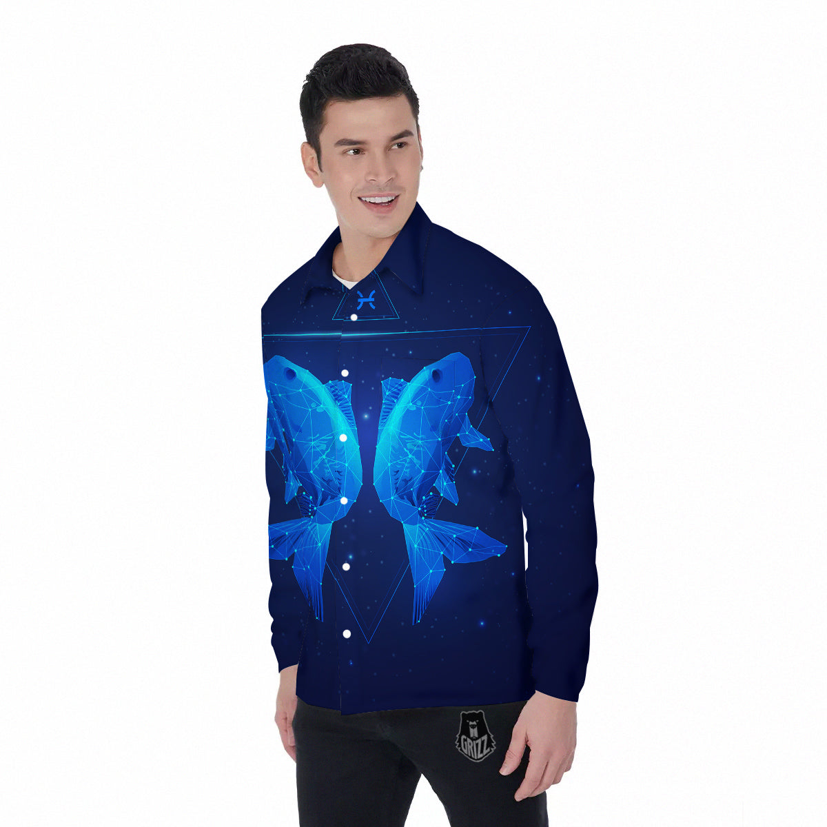 Zodiac Sign Dark Pisces Print Men's Long Sleeve Shirts-grizzshop