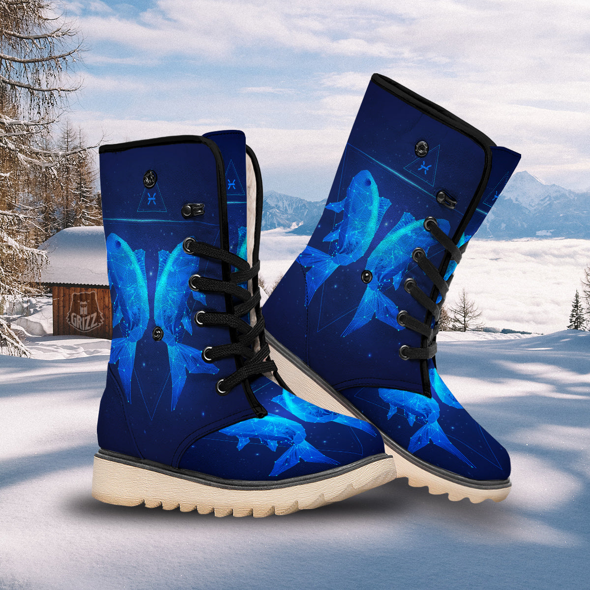 Zodiac Sign Dark Pisces Print Snow Boots-grizzshop