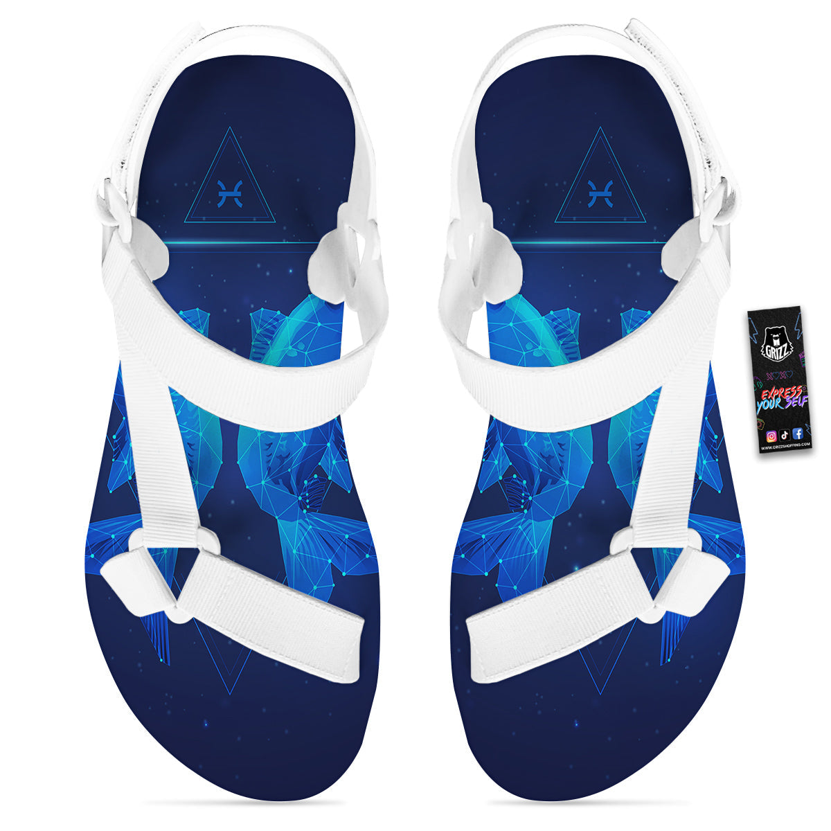Zodiac Sign Dark Pisces Print White Open Toe Sandals-grizzshop
