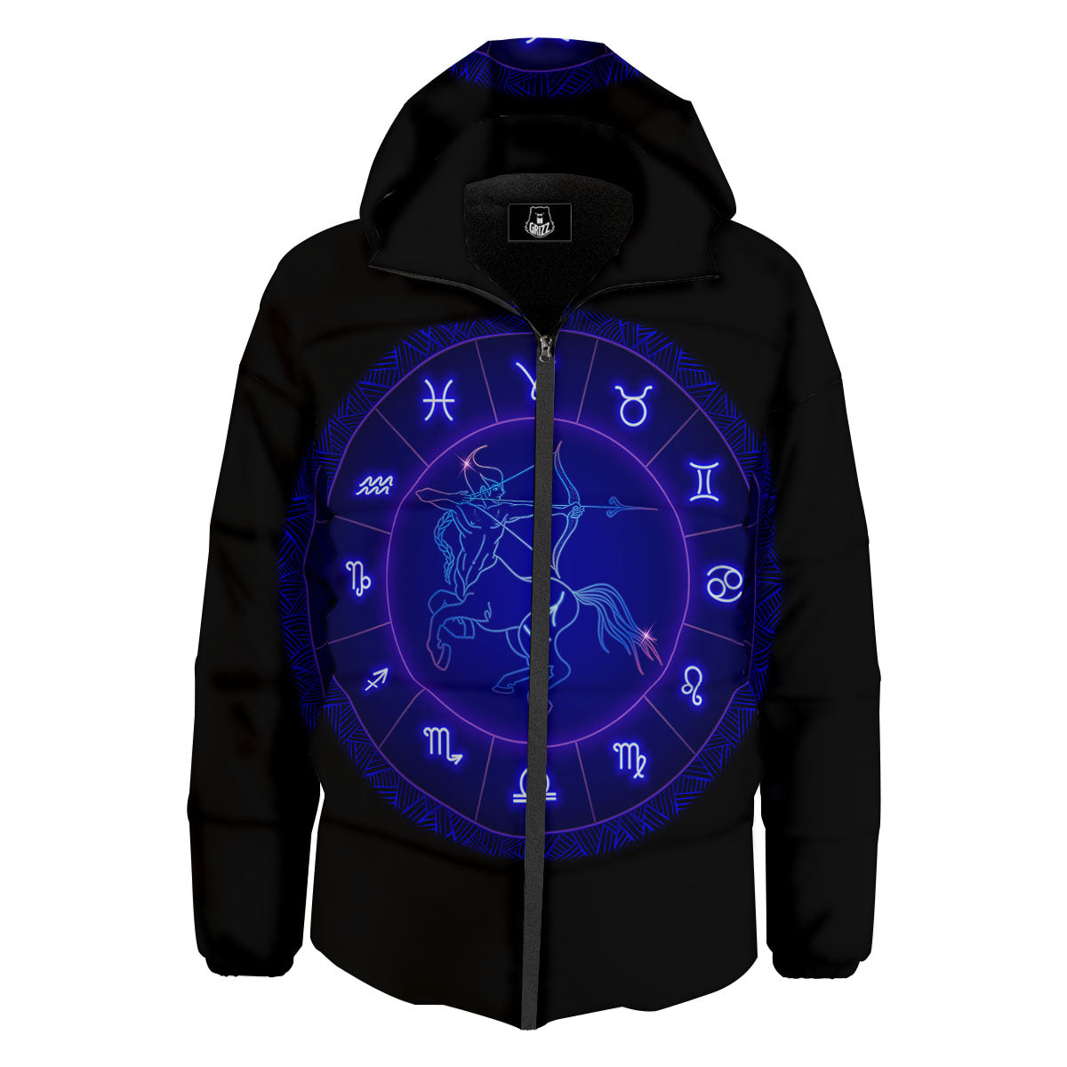Zodiac Sign Dark Sagittarius Print Down Jacket-grizzshop