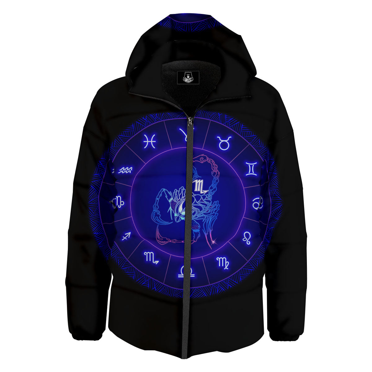 Zodiac Sign Dark Scorpio Print Down Jacket-grizzshop