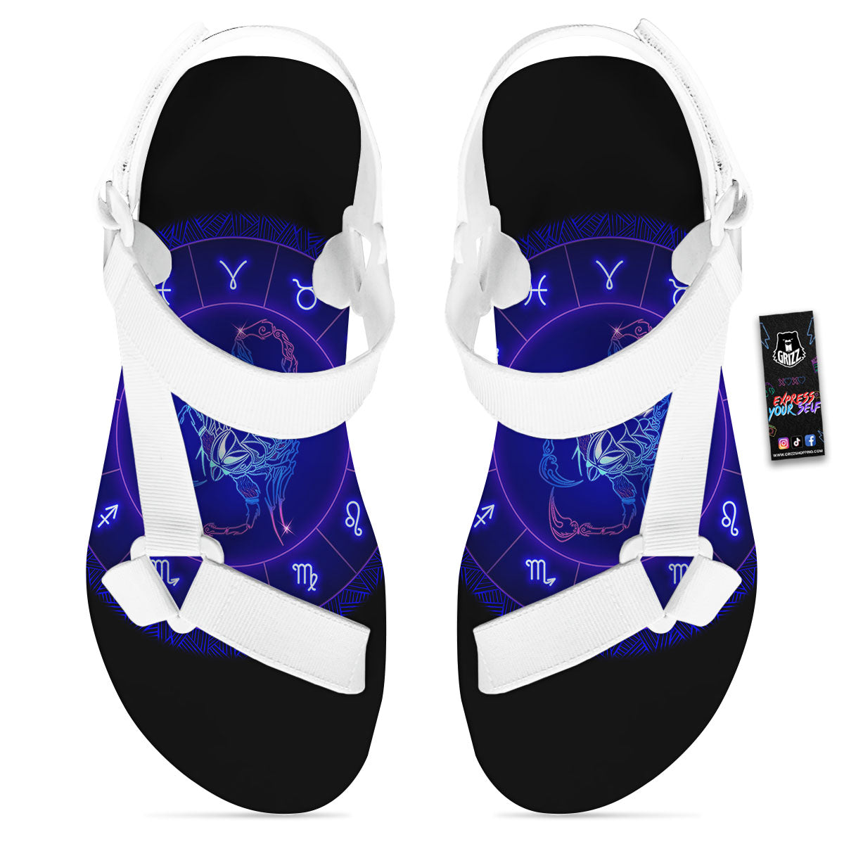 Zodiac Sign Dark Scorpio Print White Open Toe Sandals-grizzshop