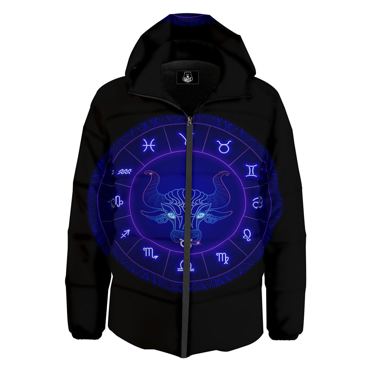 Zodiac Sign Dark Taurus Print Down Jacket-grizzshop