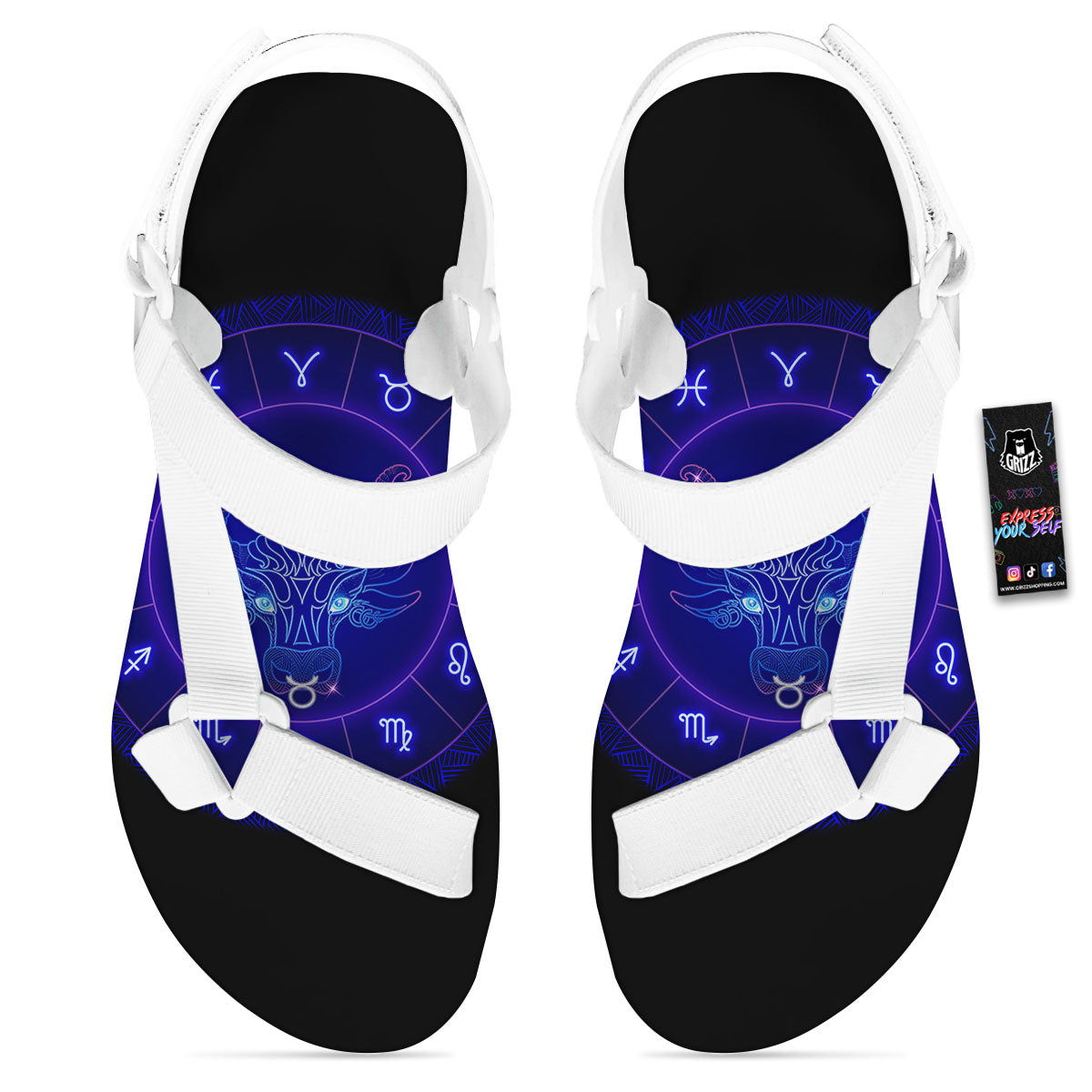 Zodiac Sign Dark Taurus Print White Open Toe Sandals-grizzshop