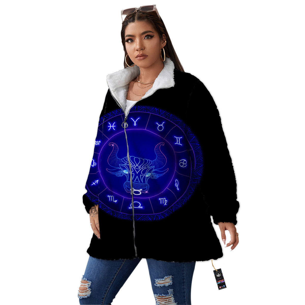 Zodiac Sign Dark Taurus Print Women's Sherpa Jacket-grizzshop