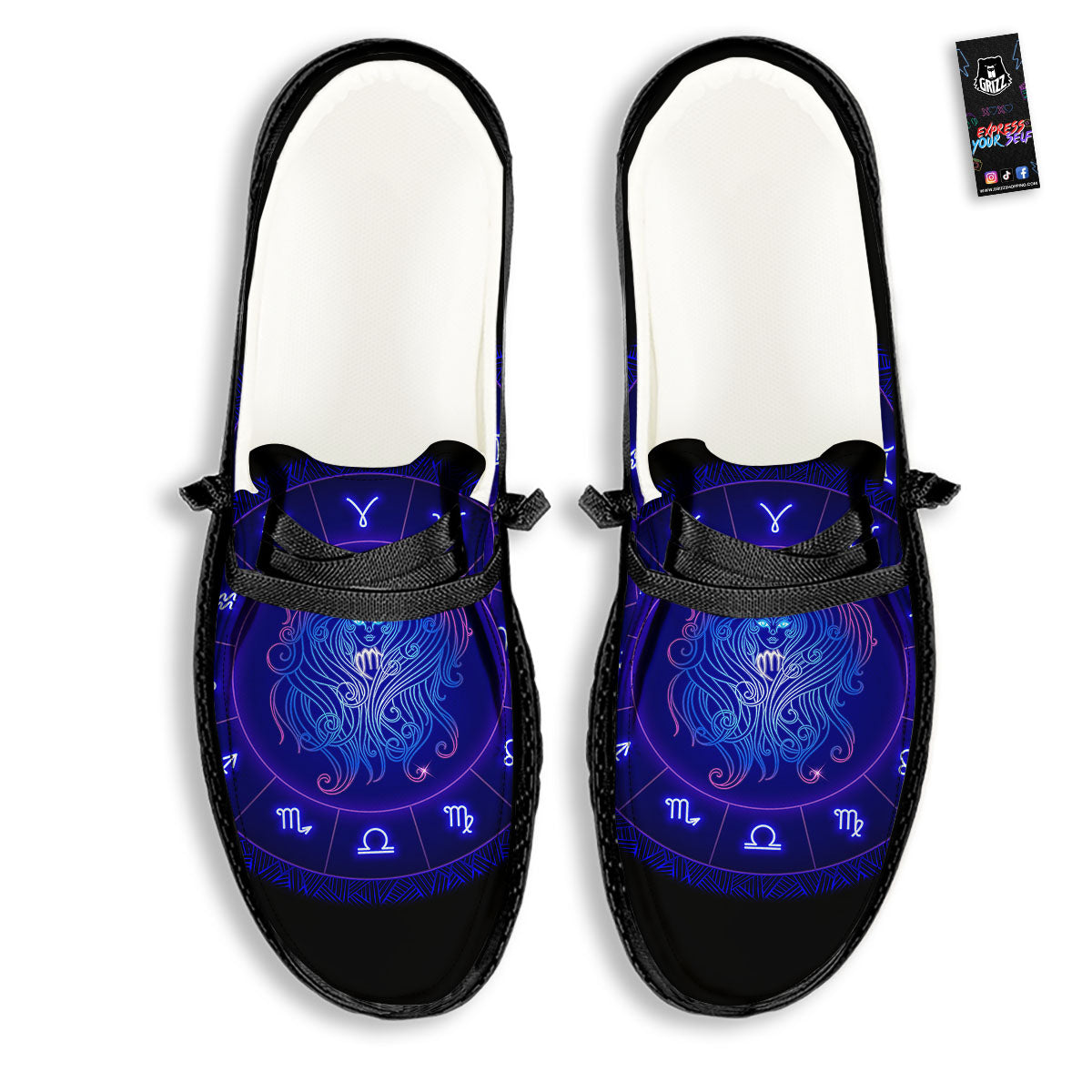 Zodiac Sign Dark Virgo Print Black Loafers-grizzshop