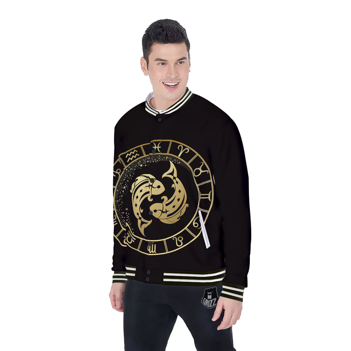 Zodiac Sign Golden Pisces Print Baseball Jacket-grizzshop